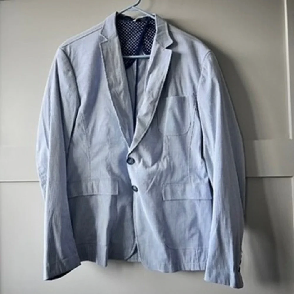 XM Collection Blazer Men Large Blue Pinstripe Seersucker Sport Coat Italy Preppy